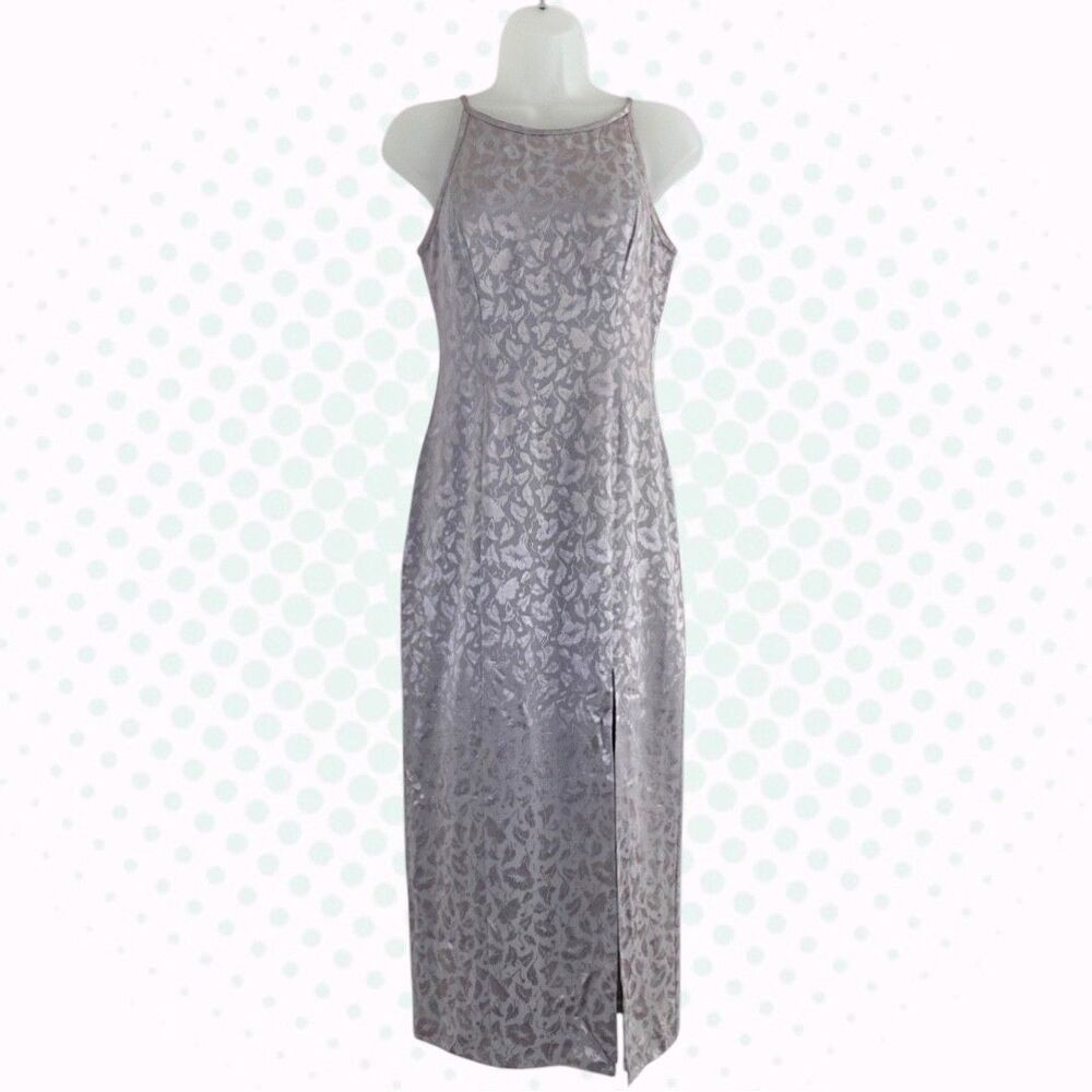 Vintage 90s CDC Purple Silver Bias Cut Floral Print Maxi Dress Size 2P
